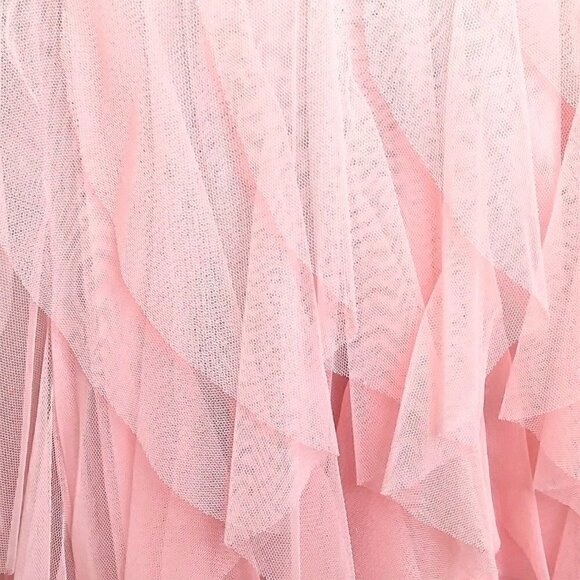 PINK ORGANZA HIGH-LOW PARTY DRESS W/ BLACK ROSETTE FLOWER WAIST BELT - Picture 6 of 6